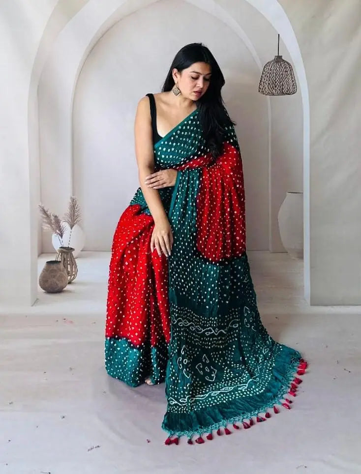 Modal Silk Multi Color Hand Crafted Jamnagar Silk Bandhani Saree Ethenika.com