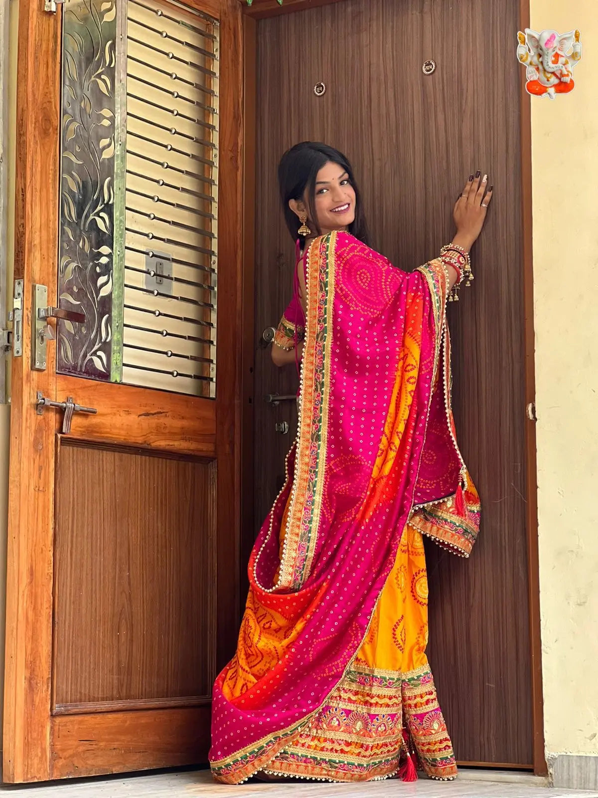 Moss Chiffone Mill Print Work Multicolor Bandhani Saree Ethenika.com