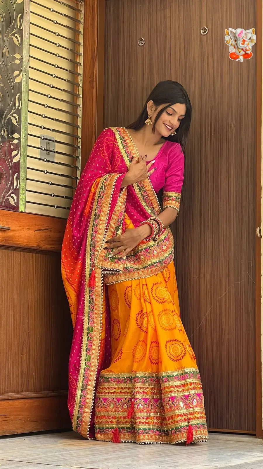 Moss Chiffone Mill Print Work Multicolor Bandhani Saree Ethenika.com