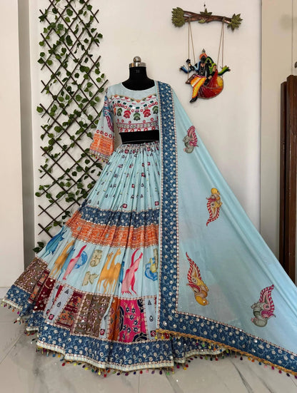 Muslin Cotton Digital Print Mirror Work Designer Chaniya Choli for Navratri Ethenika.com