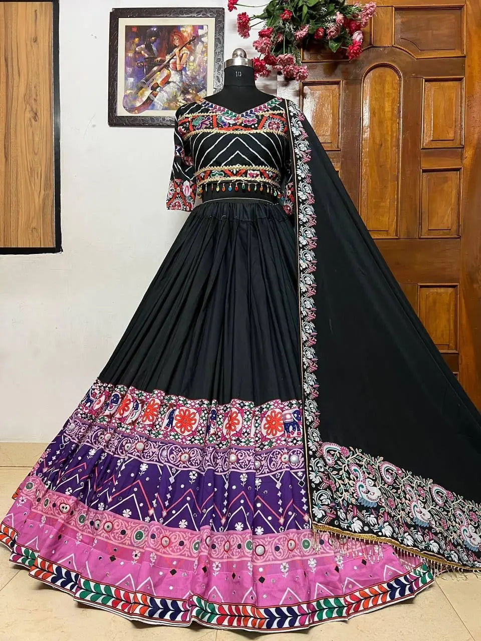 Muslin Cotton Digital Print with Mirror Work Navratri Garba Special Chaniya Choli Ethenika.com