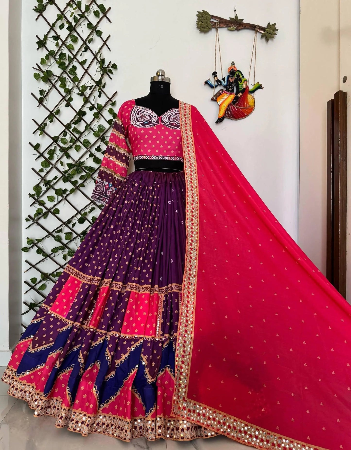 Muslin Fabric Digital Print Mirror Work Navratri Special Designer Chaniya Choli Ethenika.com