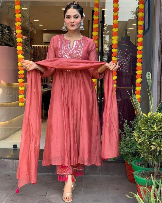 Muslin Summer Special Mirror work Kurti Pant Dupatta Set (Stitched) Ethenika.com