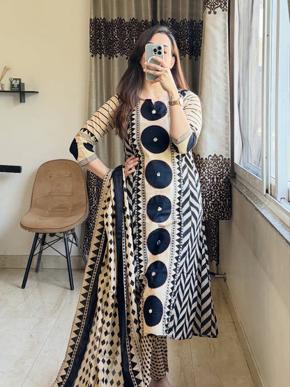 Elegant Black & Beige Printed Cotton Kurta Set with Dupatta