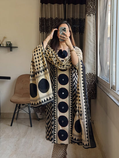 Elegant Black & Beige Printed Cotton Kurta Set with Dupatta