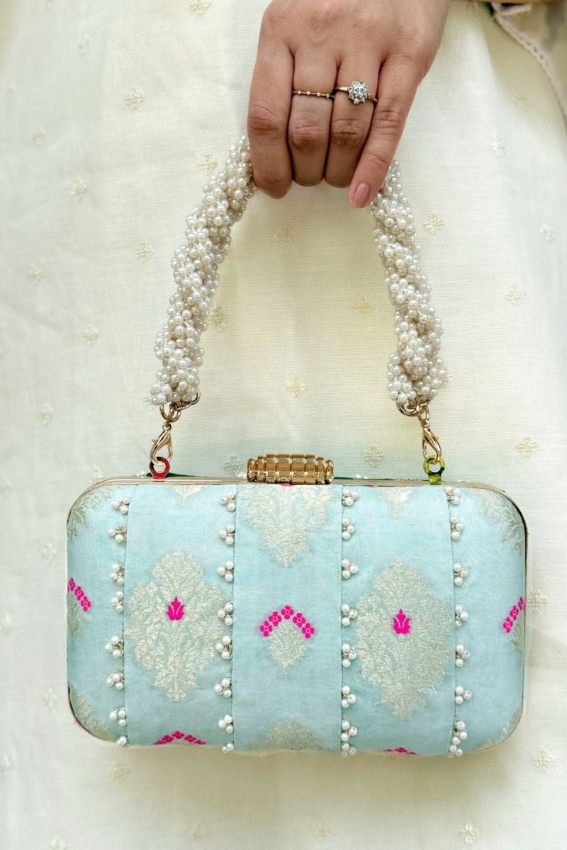 Nihari Pearl Embellished Silk Clutch - Aqua Blue