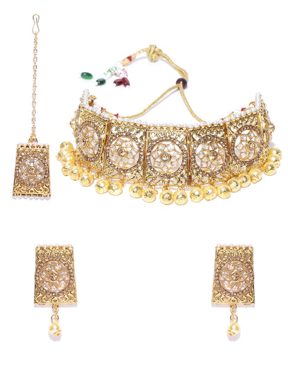 White Beads Pearls Kundan Gold Plated MaangTika Choker