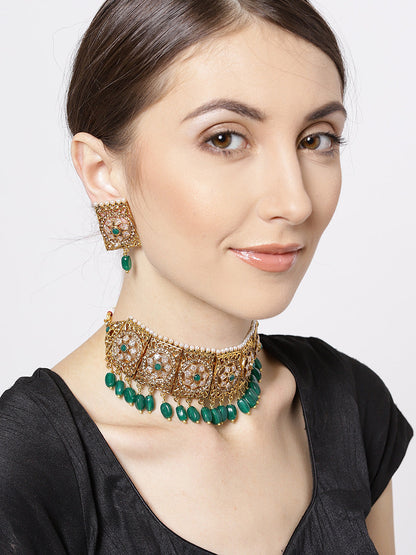 Emerald Beads Stones Gold Plated Choker