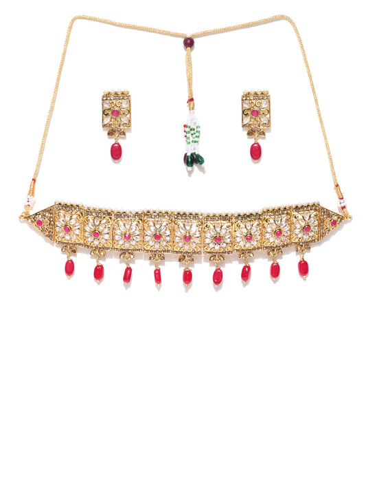 Red Kundan Gold Plated Square Choker