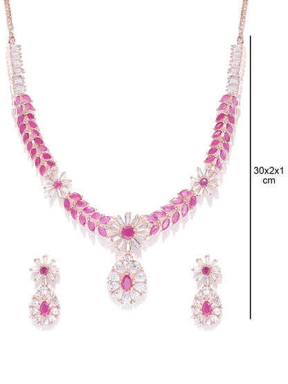 Pink Ruby American Diamond Rose Gold Plated Jewellery Set