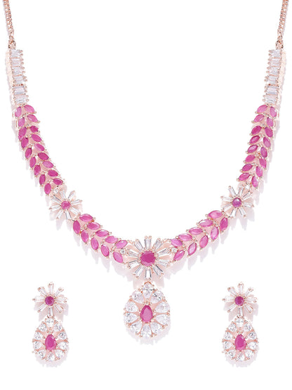 Pink Ruby American Diamond Rose Gold Plated Jewellery Set