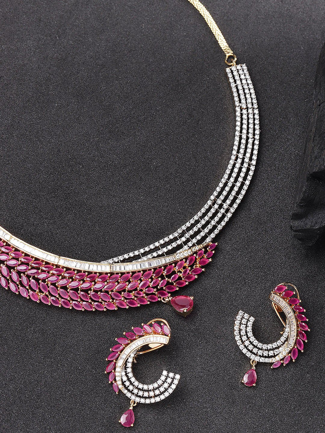 Pink Ruby American Diamond Gold Plated Jewellery Set