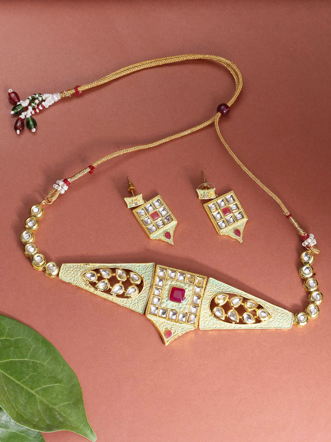Mint Green Kundan Pearls Gold Plated Meenakari Choker