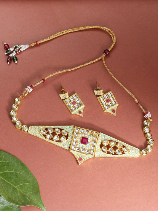 Mint Green Kundan Pearls Gold Plated Meenakari Choker