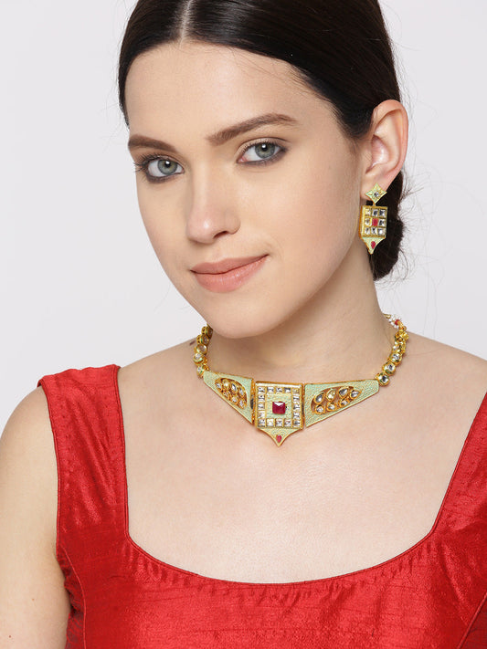 Mint Green Kundan Pearls Gold Plated Meenakari Choker