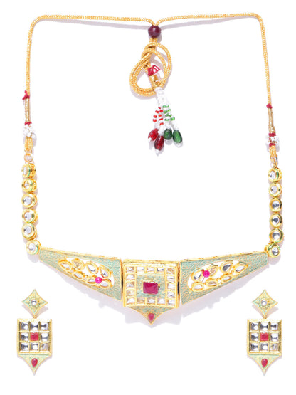 Mint Green Kundan Pearls Gold Plated Meenakari Choker