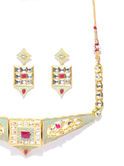 Mint Green Kundan Pearls Gold Plated Meenakari Choker