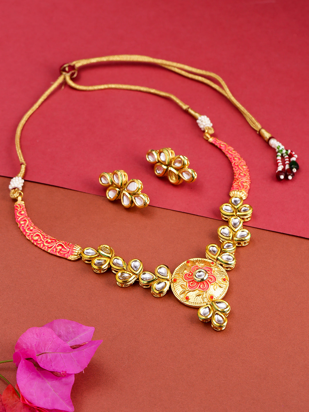 Peach Kundan Gold plated Meenakari Jewellery Set