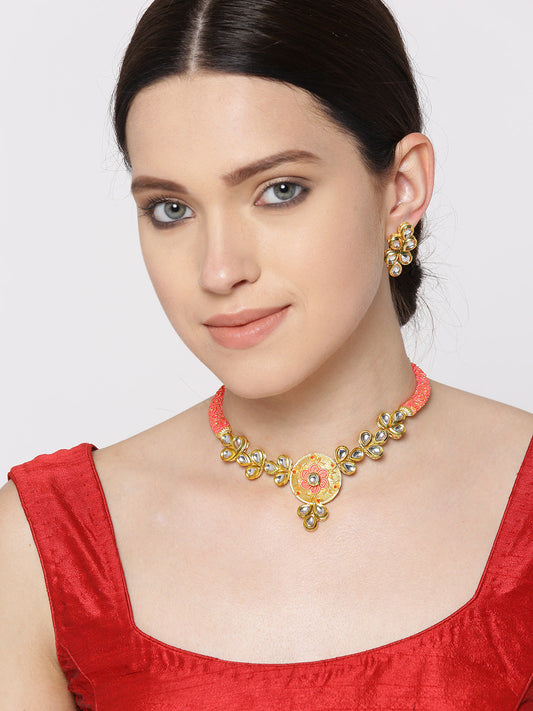 Peach Kundan Gold plated Meenakari Jewellery Set