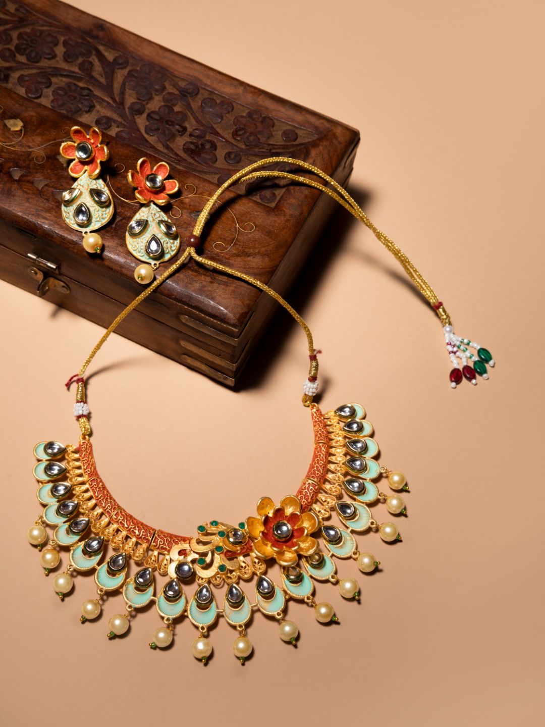 Multi-Color Kundan Pearls Gold Plated Floral Jewellery Set