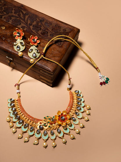Multi-Color Kundan Pearls Gold Plated Floral Jewellery Set