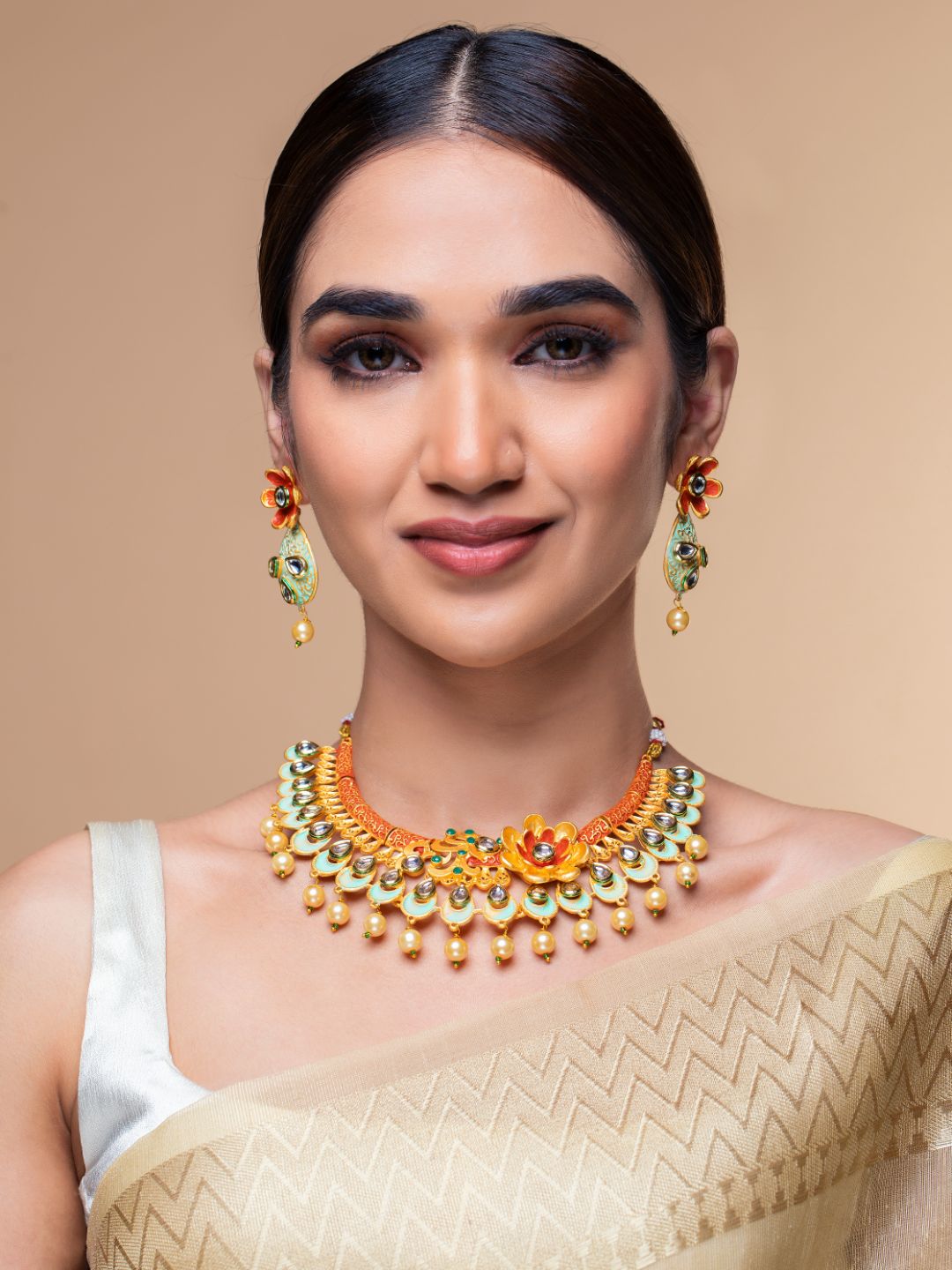 Multi-Color Kundan Pearls Gold Plated Floral Jewellery Set
