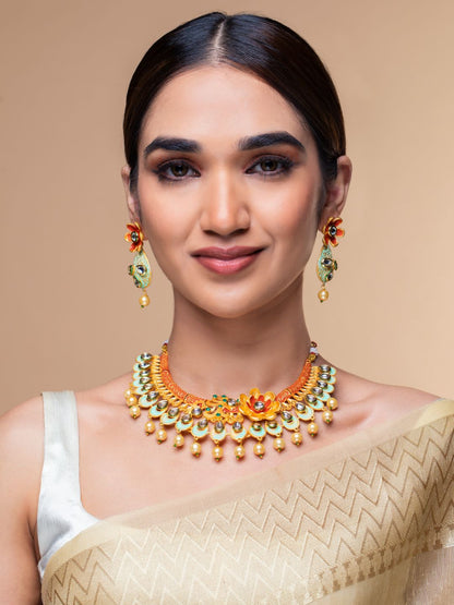 Multi-Color Kundan Pearls Gold Plated Floral Jewellery Set