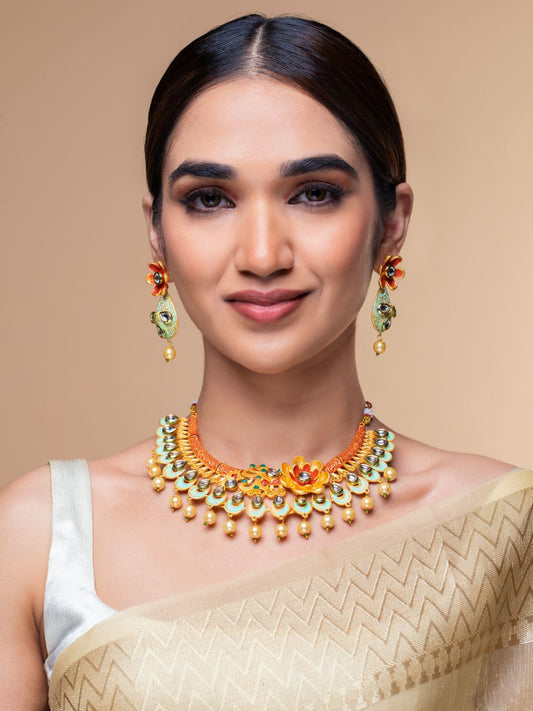 Multi-Color Kundan Pearls Gold Plated Floral Jewellery Set