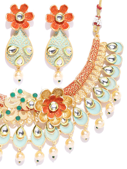 Multi-Color Kundan Pearls Gold Plated Floral Jewellery Set