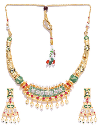 Ruby Pearls Stones Gold Plated Meenakari Jewellery Set