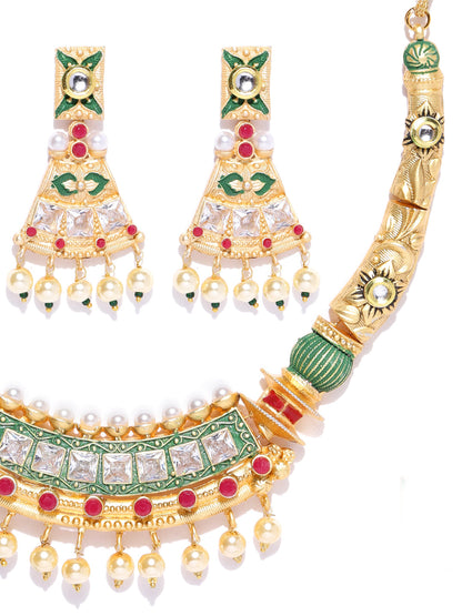 Ruby Pearls Stones Gold Plated Meenakari Jewellery Set