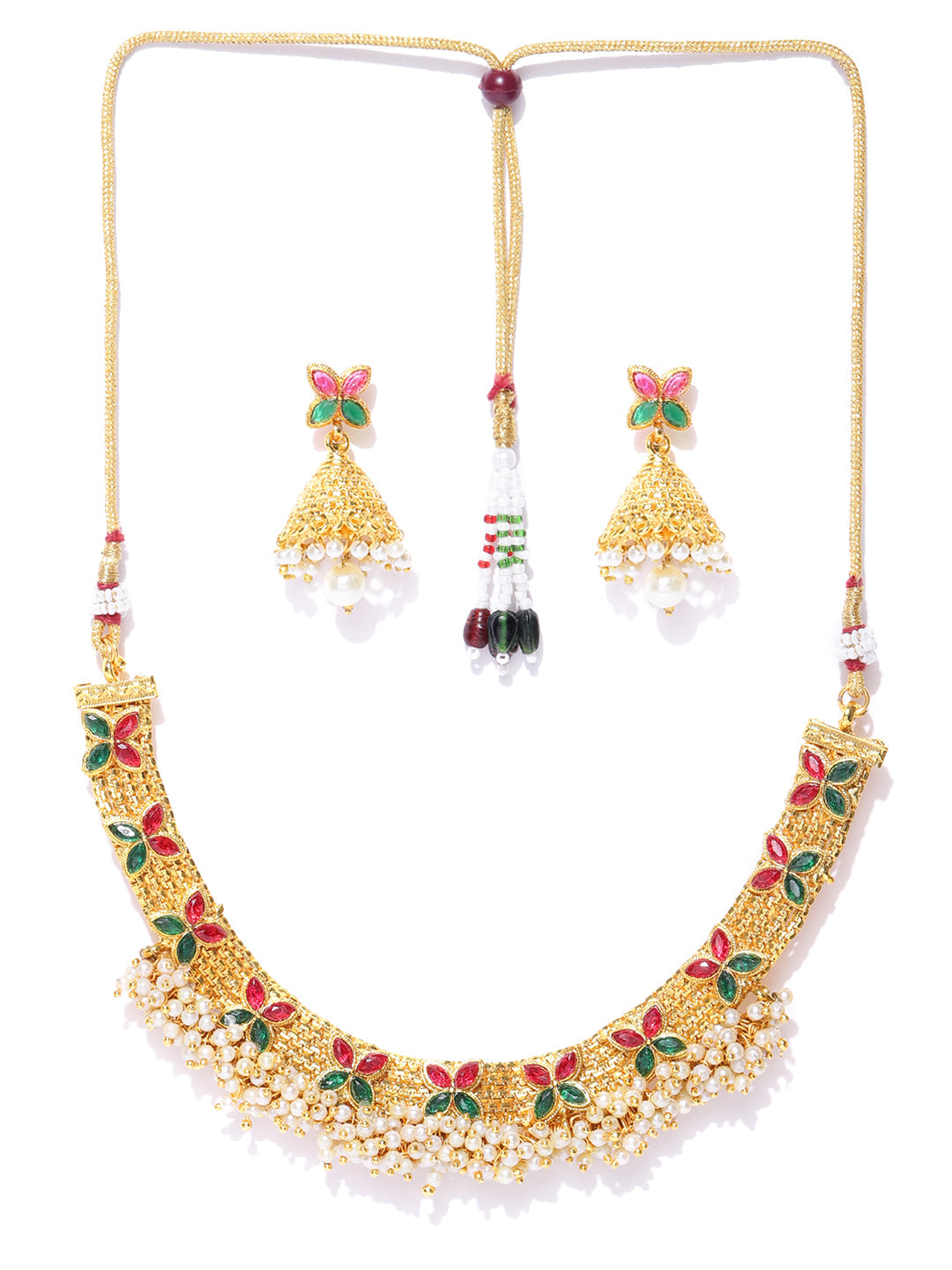 White Beads Ruby Emerlad Gold Plated Jewellery Set