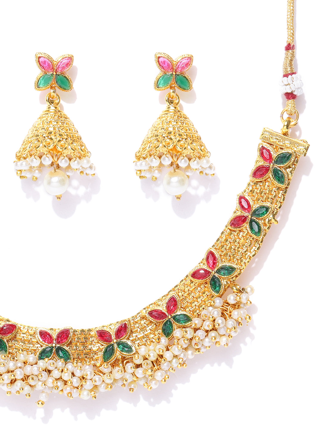 White Beads Ruby Emerlad Gold Plated Jewellery Set