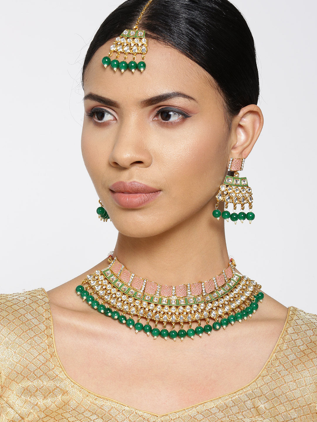 Emerald Kundan Gold Plated MaangTika Jewellery Set