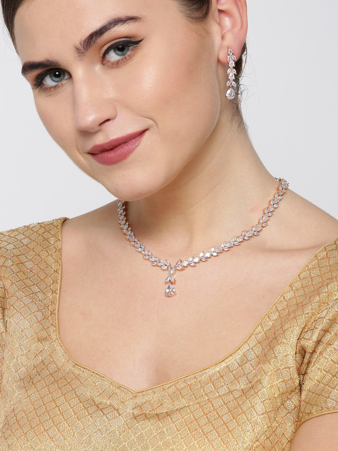 Lustrous - American Diamond Rose Gold Plated Jewellery Set