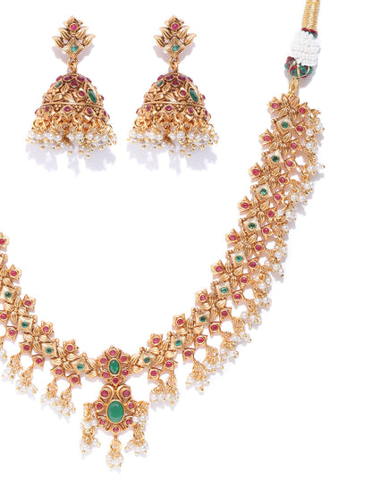 Pushp Bela - Kemp Stones Pearls Gold Plated Jewellery Set
