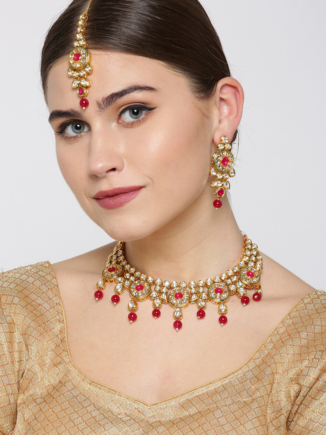Ruby Kundan Gold Plated MaangTika Jewellery Set