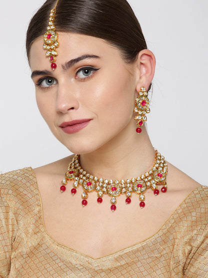 Ruby Kundan Gold Plated MaangTika Jewellery Set