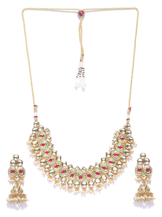 Embellished Stunner - Gold-Plated Kundan Ruby Jewellery Set