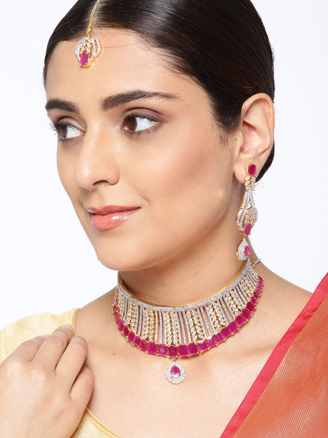 Berry Blush-Pink Ruby American Diamond MaangTikka Jewellery Set