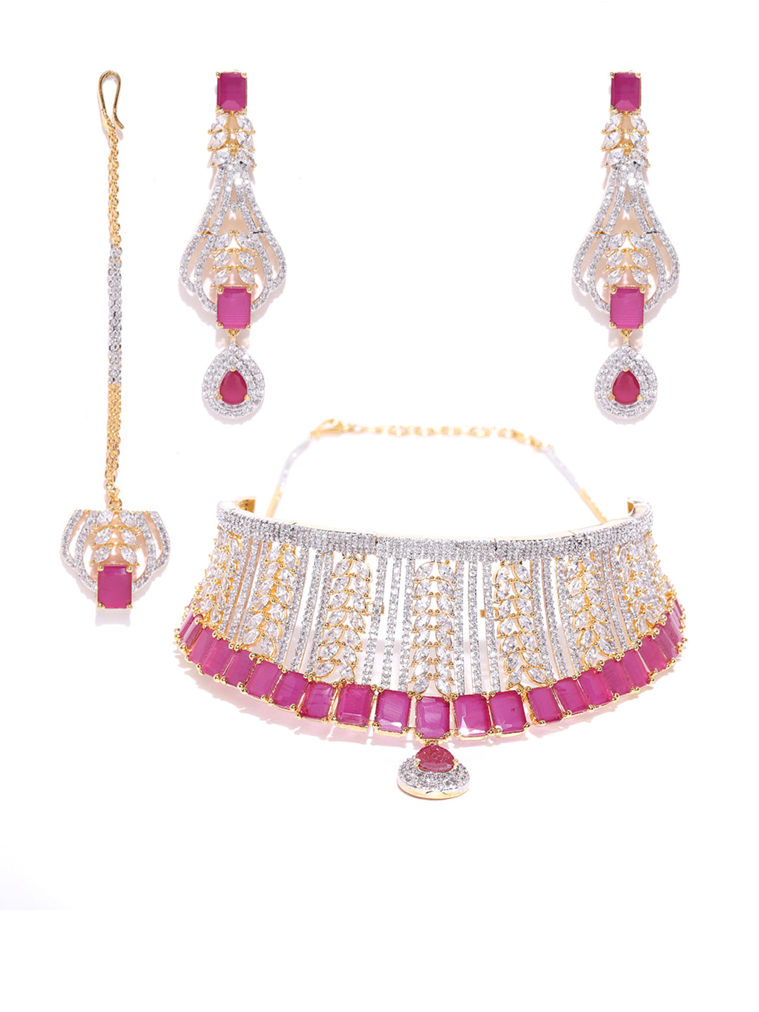 Berry Blush-Pink Ruby American Diamond MaangTikka Jewellery Set