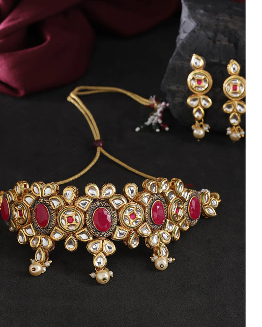 Kundan Ruby Pearls Gold Plated Choker