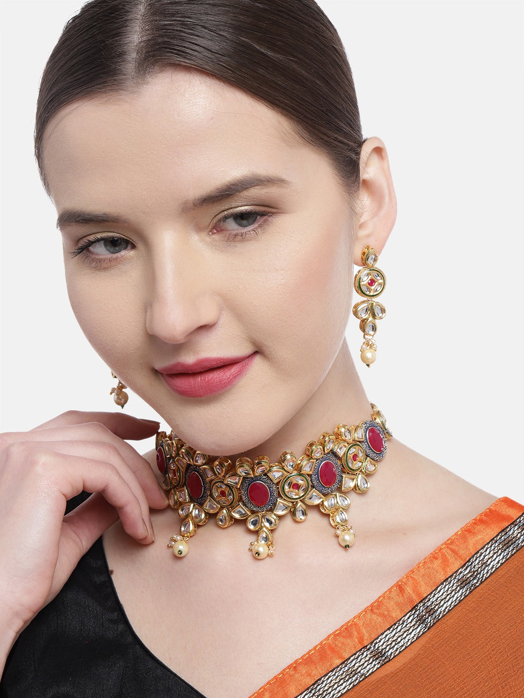 Kundan Ruby Pearls Gold Plated Choker
