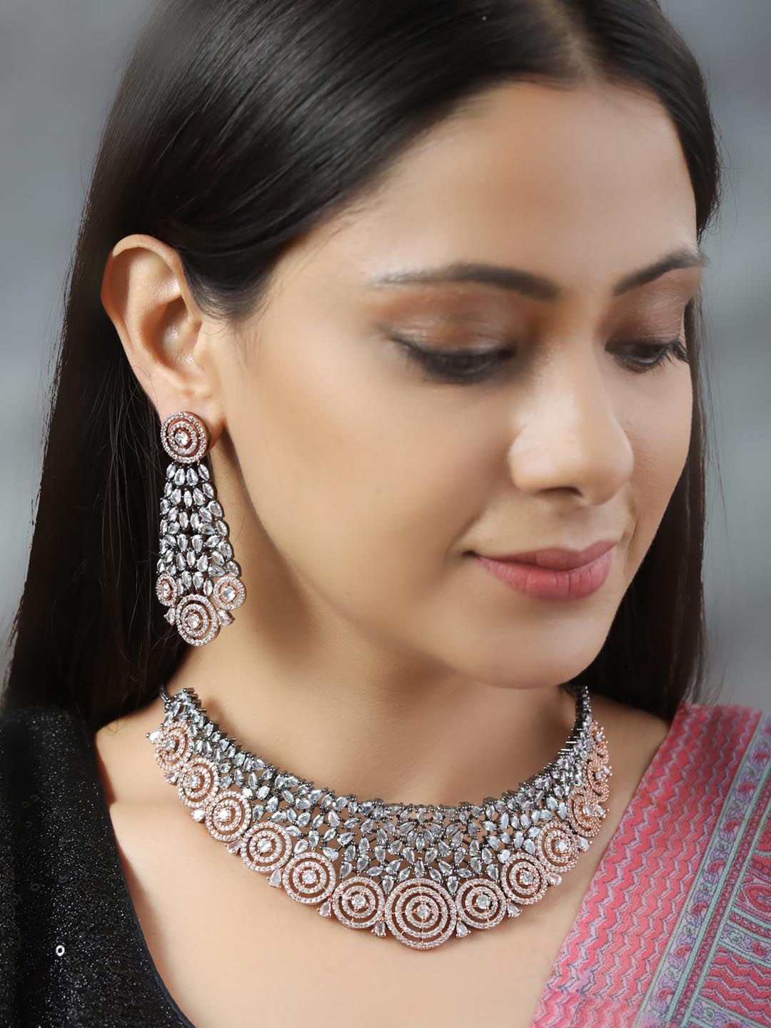 Glitz Appeal-Grey American Diamond Cubic Zirconia Rose Gold Plated Choker Set