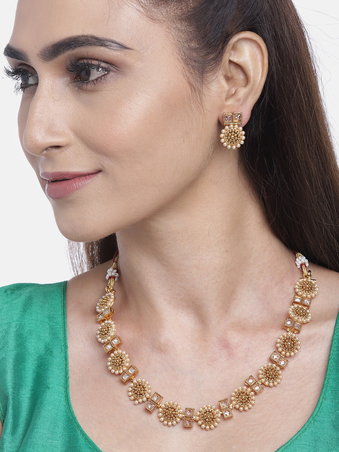 Stones Beads Gold Plated Floral Jewellery Set