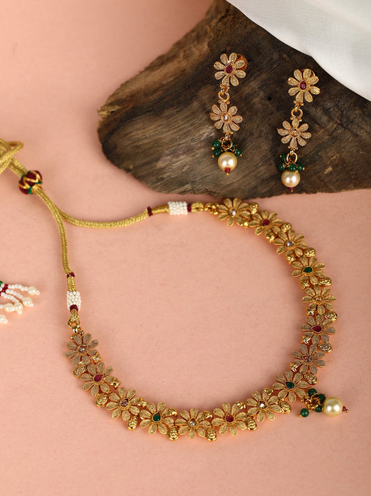 Ruby Emerald Stones Pearls Gold Plated Floral Jewellery Set