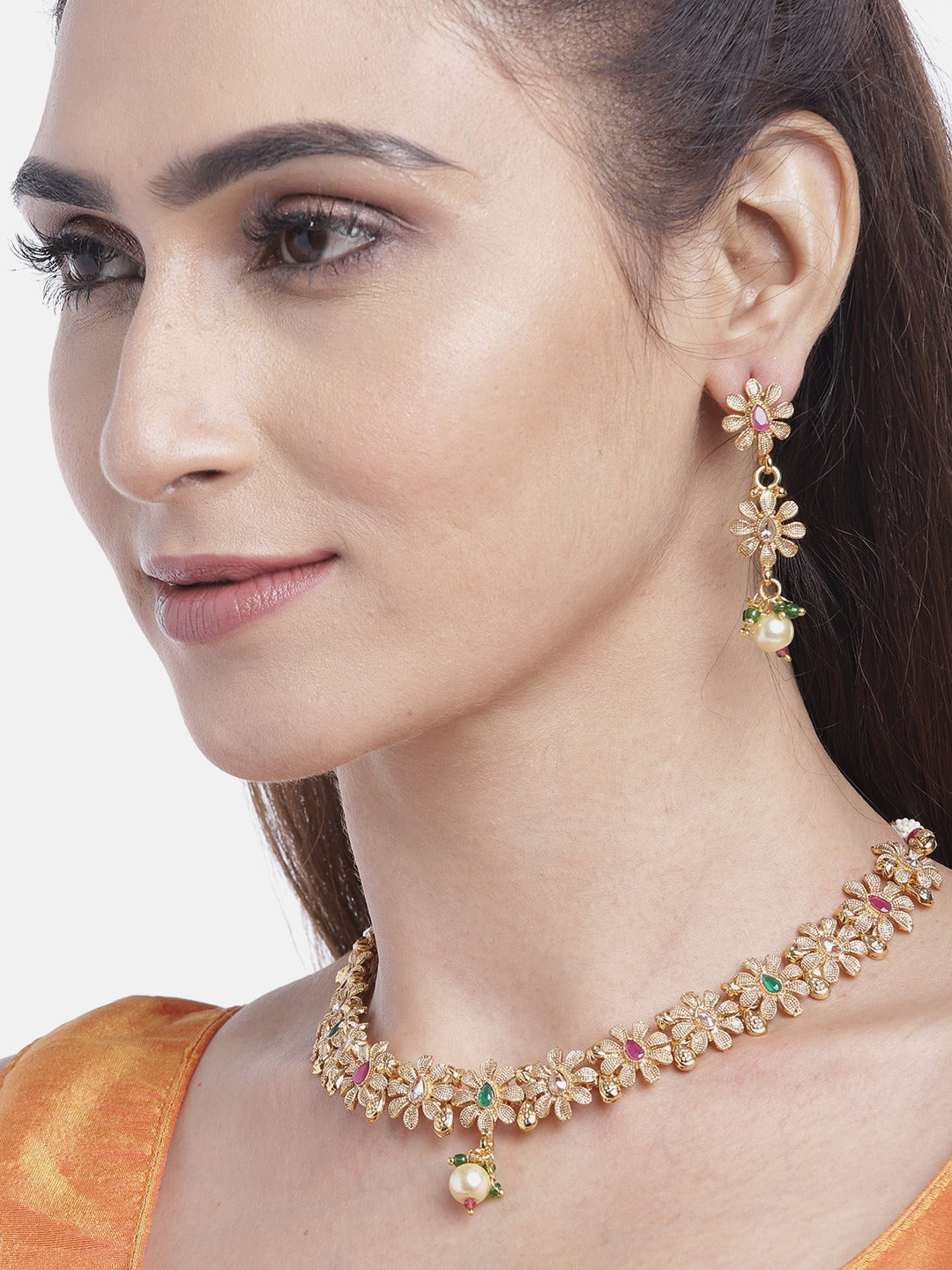 Ruby Emerald Stones Pearls Gold Plated Floral Jewellery Set