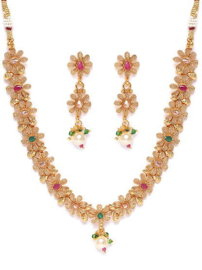 Ruby Emerald Stones Pearls Gold Plated Floral Jewellery Set