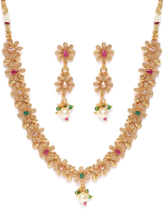 Ruby Emerald Stones Pearls Gold Plated Floral Jewellery Set