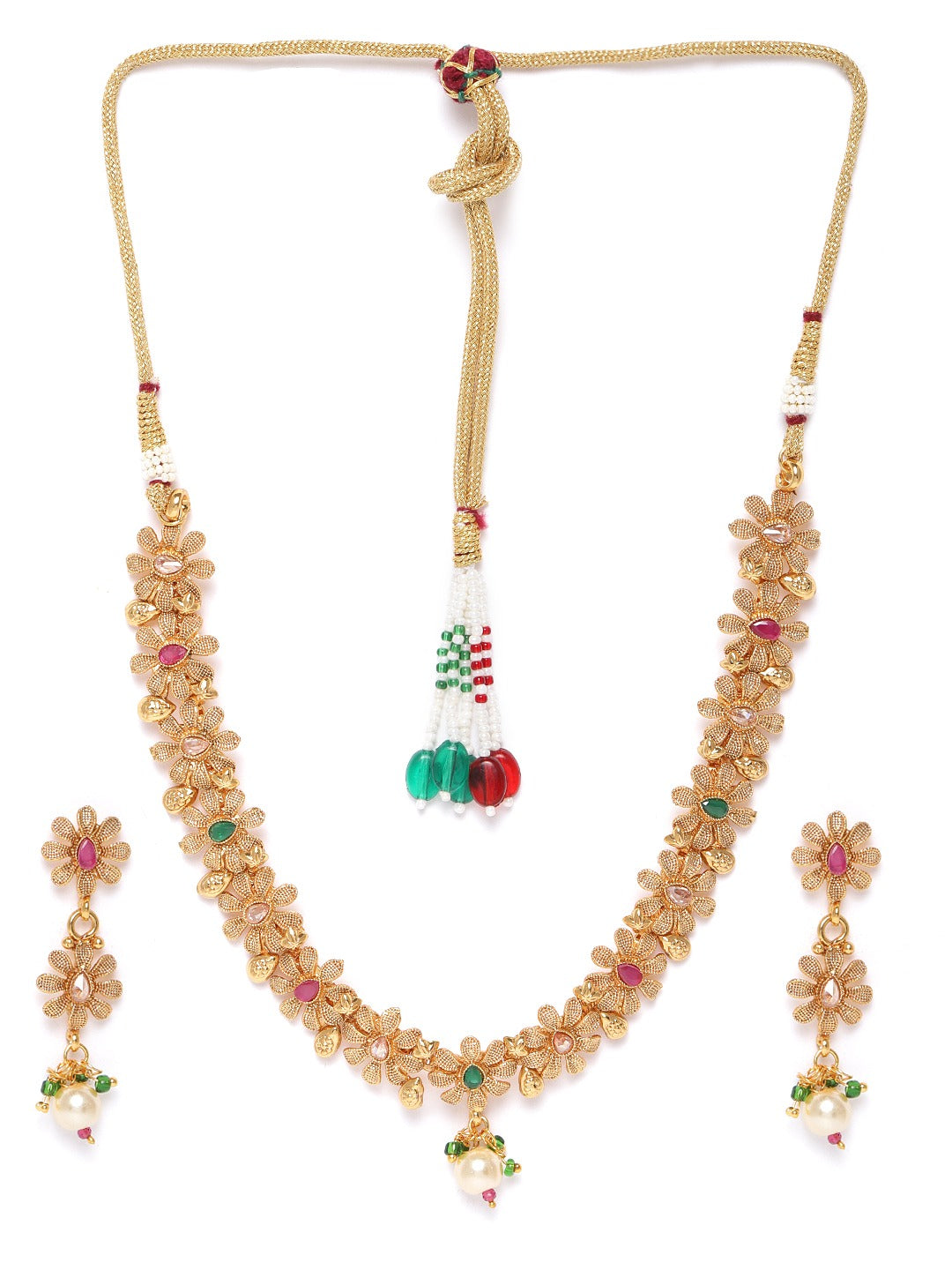 Ruby Emerald Stones Pearls Gold Plated Floral Jewellery Set